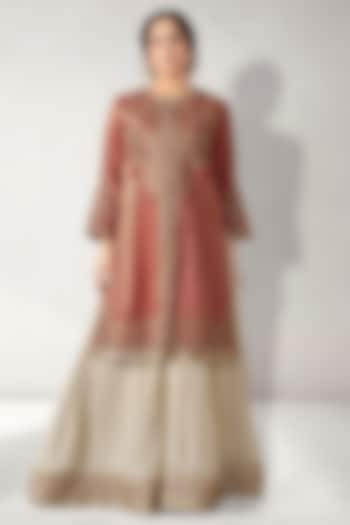 Red Tissue Silk Embroidered Long Tunic Set by Aditi Somani at Pernia's Pop Up Shop