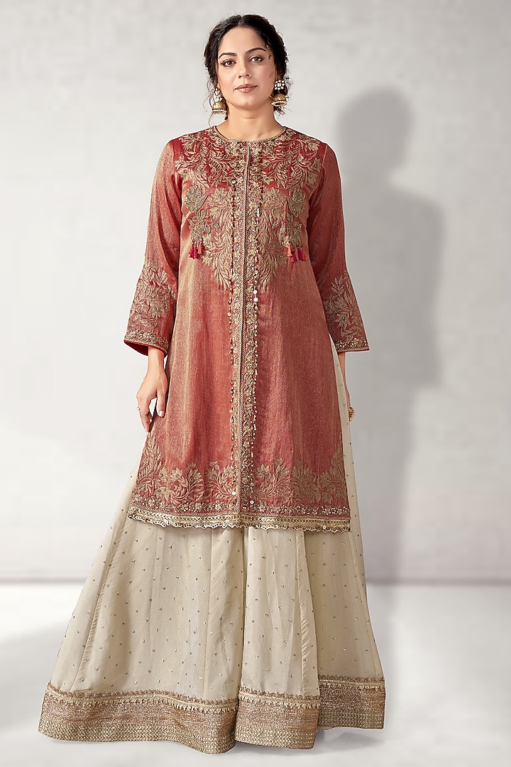 Red Tissue Silk Embroidered Long Tunic Set by Aditi Somani at Pernia's Pop Up Shop