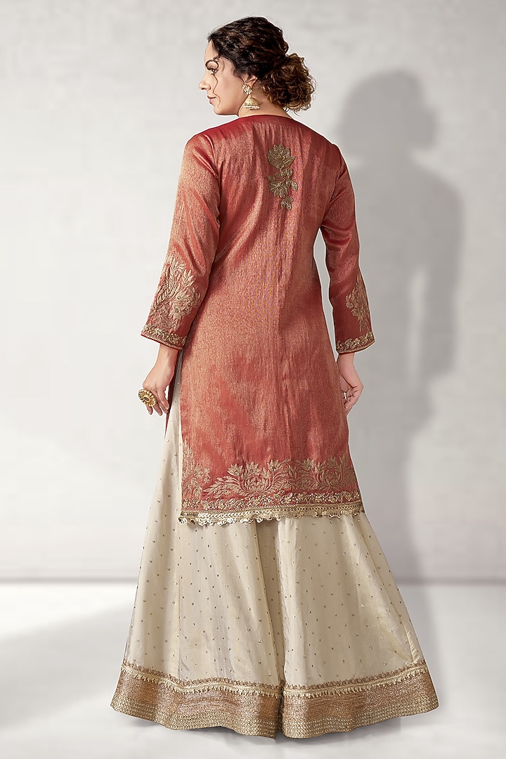Red Tissue Silk Embroidered Long Tunic Set by Aditi Somani at Pernia's Pop Up Shop