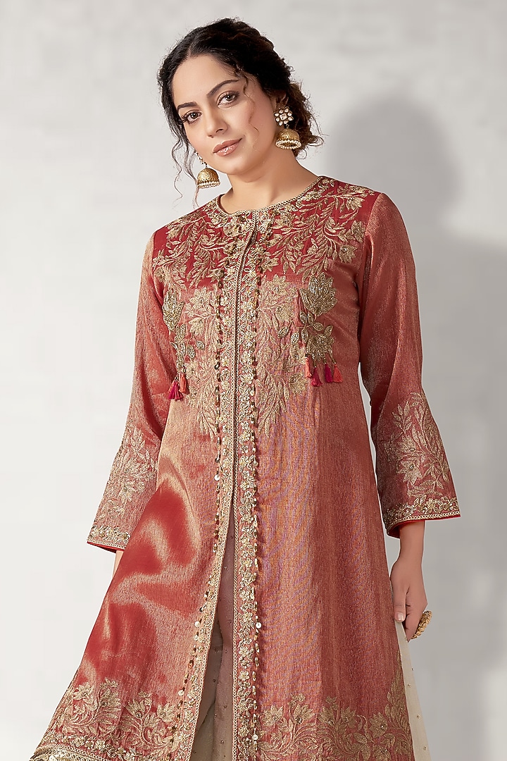 Red Tissue Silk Embroidered Long Tunic Set by Aditi Somani at Pernia's Pop Up Shop