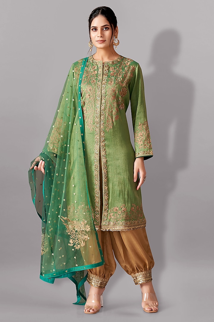 Green Tissue Silk Embroidered Tunic Set by Aditi Somani at Pernia's Pop Up Shop