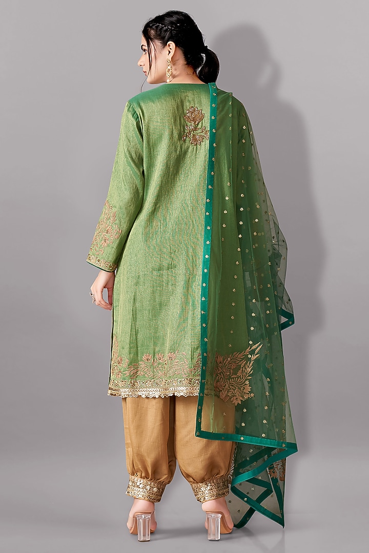 Green Tissue Silk Embroidered Tunic Set by Aditi Somani at Pernia's Pop Up Shop