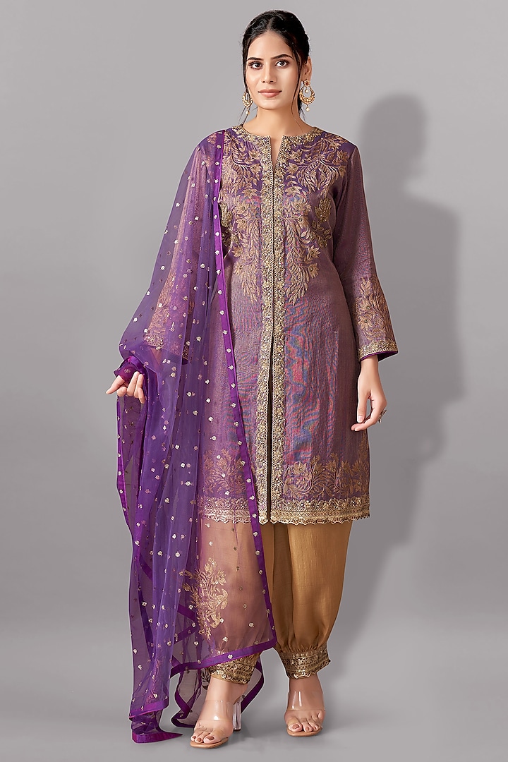 Purple Tissue Silk Embroidered Tunic Set by Aditi Somani at Pernia's Pop Up Shop