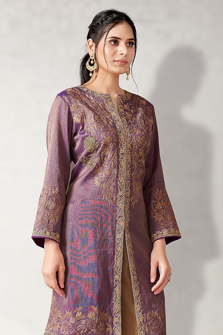 Purple Tissue Silk Embroidered Tunic Set by Aditi Somani at Pernia's Pop Up Shop