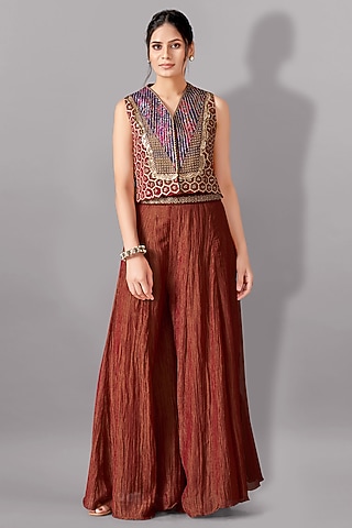 Red Crush Tissue Jacket Lehenga Set by Aditi Somani