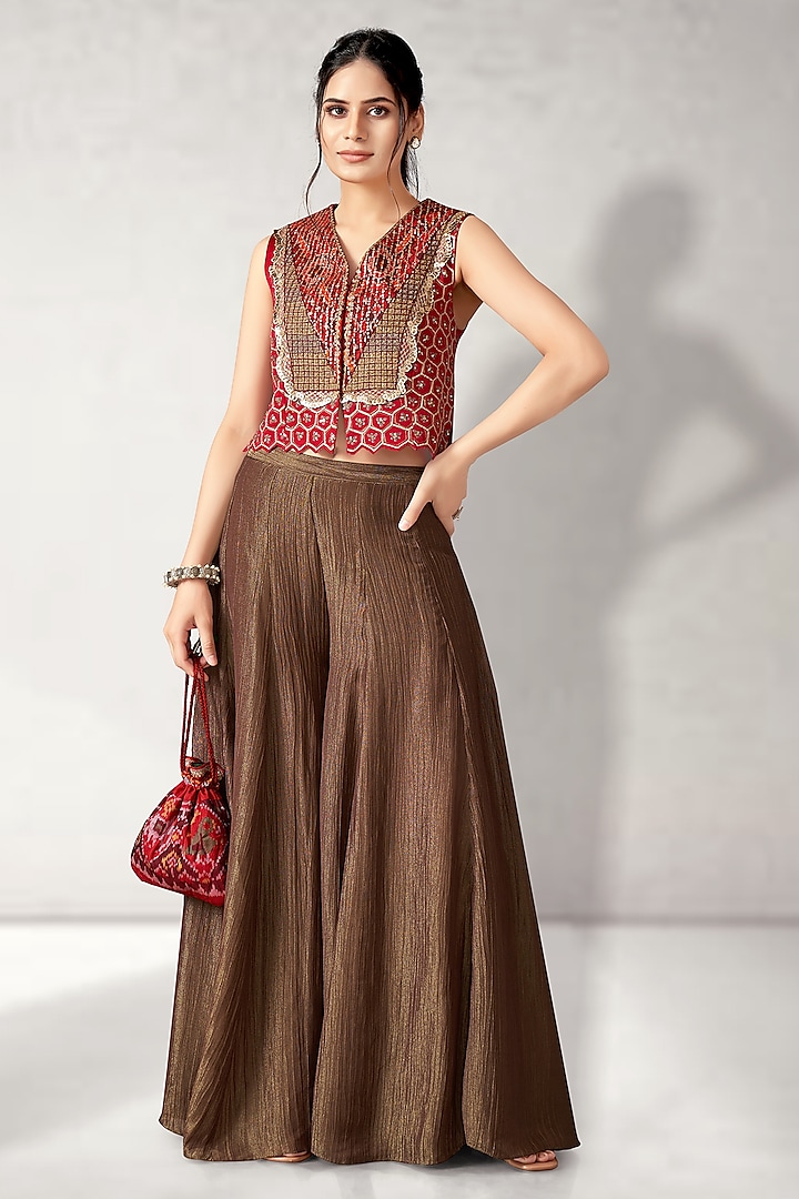 Brown Crush Tissue Jacket Wedding Lehenga Set by Aditi Somani at Pernia's Pop Up Shop