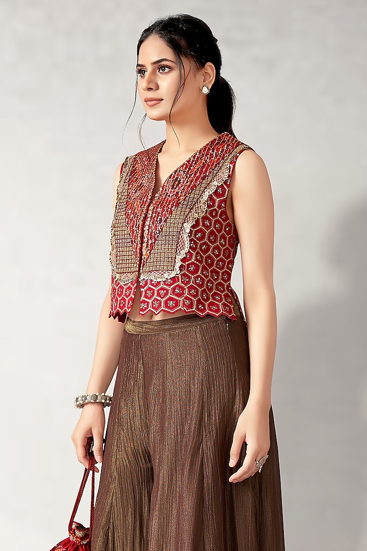 Brown Crush Tissue Jacket Wedding Lehenga Set by Aditi Somani at Pernia's Pop Up Shop