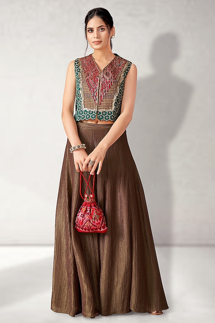 Brown Crush Tissue Jacket Wedding Lehenga Set by Aditi Somani at Pernia's Pop Up Shop