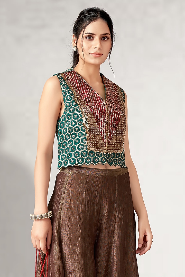 Brown Crush Tissue Jacket Wedding Lehenga Set by Aditi Somani at Pernia's Pop Up Shop