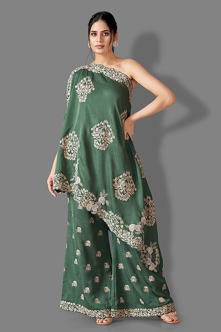 Green Silk Gara Embroidered Flared Pant Set by Aditi Somani at Pernia's Pop Up Shop