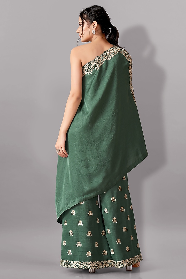 Green Silk Gara Embroidered Flared Pant Set by Aditi Somani at Pernia's Pop Up Shop