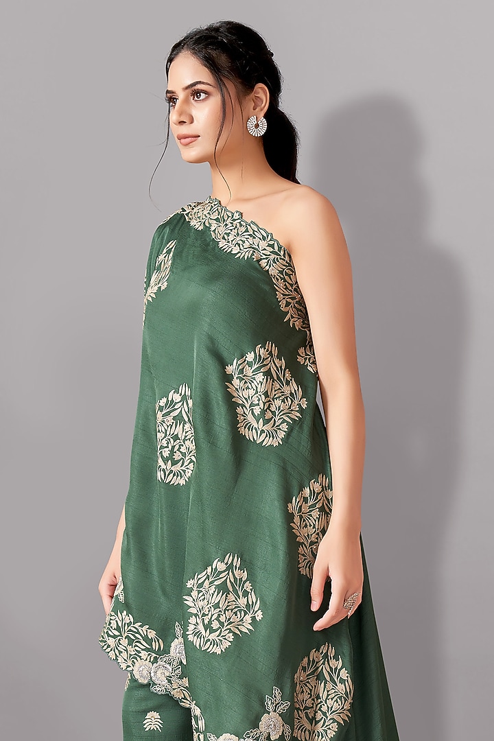 Green Silk Gara Embroidered Flared Pant Set by Aditi Somani at Pernia's Pop Up Shop