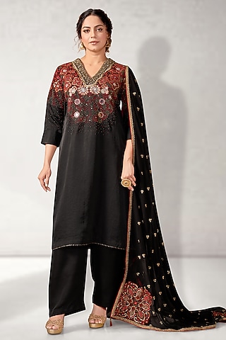 Black Silk Embroidered Kurta Set by Aditi Somani