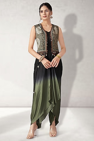 Green & Black Suede Jumpsuit With Embroidered Jacket by Aditi Somani