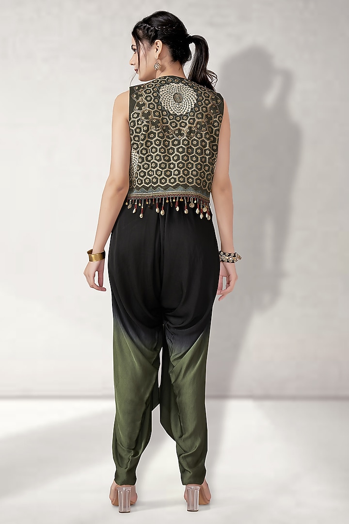 Green & Black Suede Jumpsuit With Embroidered Jacket by Aditi Somani at Pernia's Pop Up Shop