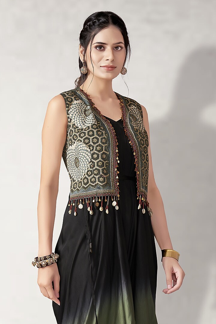 Green & Black Suede Jumpsuit With Embroidered Jacket by Aditi Somani at Pernia's Pop Up Shop