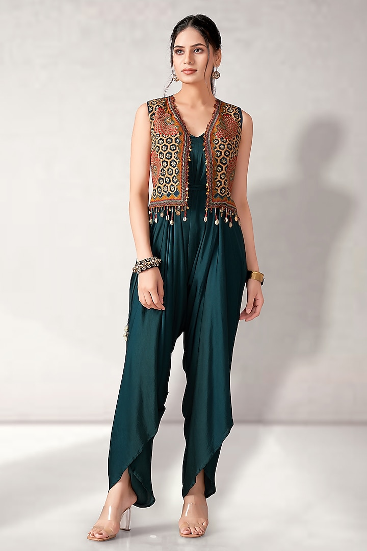 Teal Suede Jumpsuit With Embroidered Jacket by Aditi Somani at Pernia's Pop Up Shop