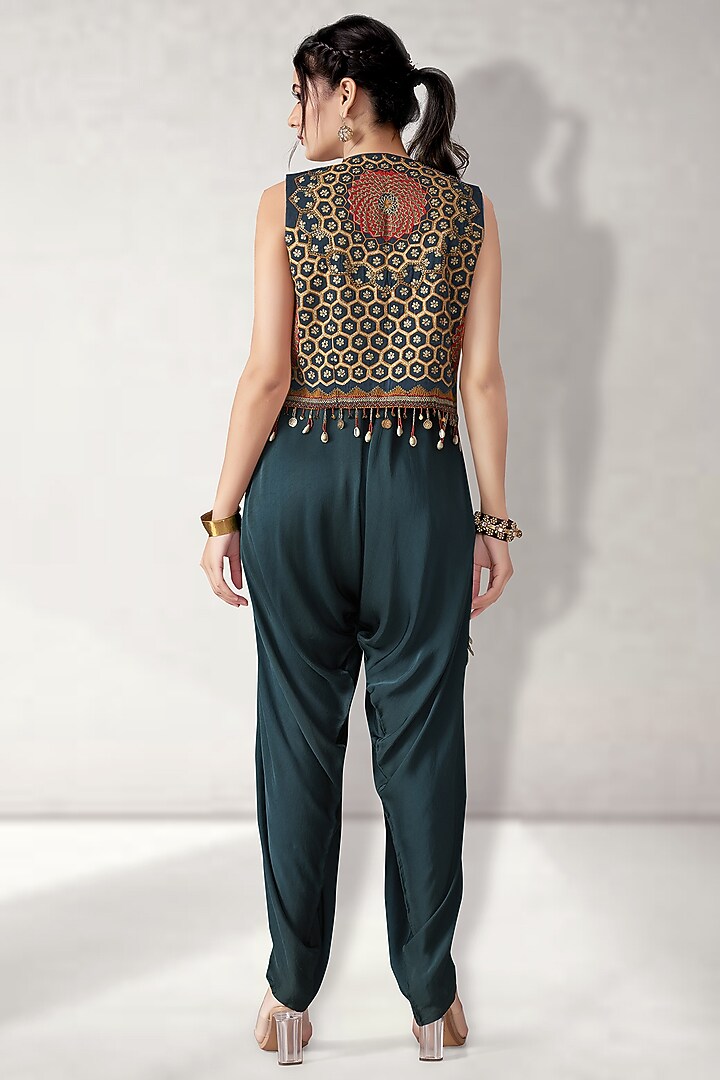 Teal Suede Jumpsuit With Embroidered Jacket by Aditi Somani at Pernia's Pop Up Shop