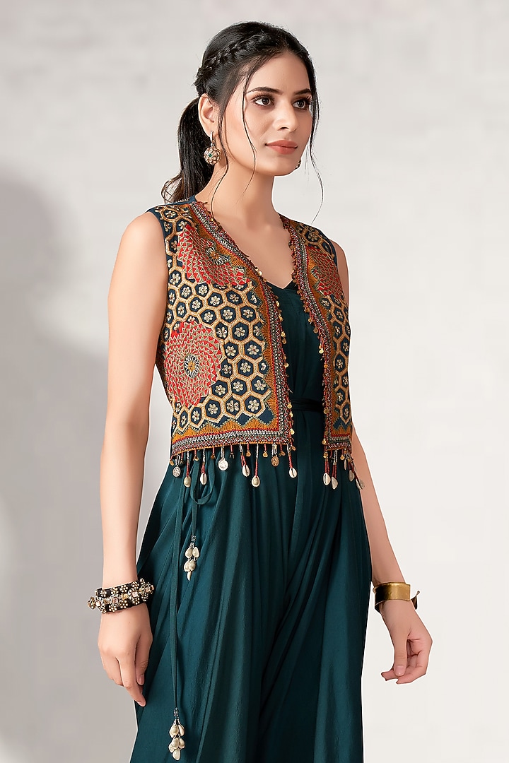 Teal Suede Jumpsuit With Embroidered Jacket by Aditi Somani at Pernia's Pop Up Shop