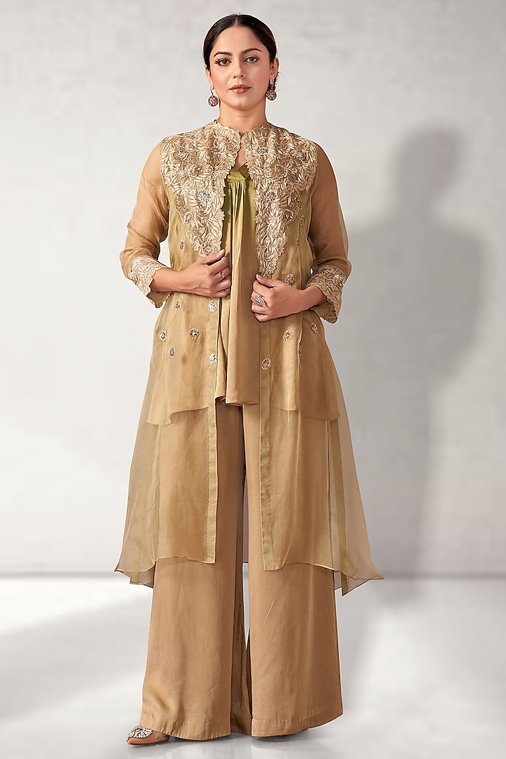 Beige Organza Embroidered Jacket Set by Aditi Somani at Pernia's Pop Up Shop