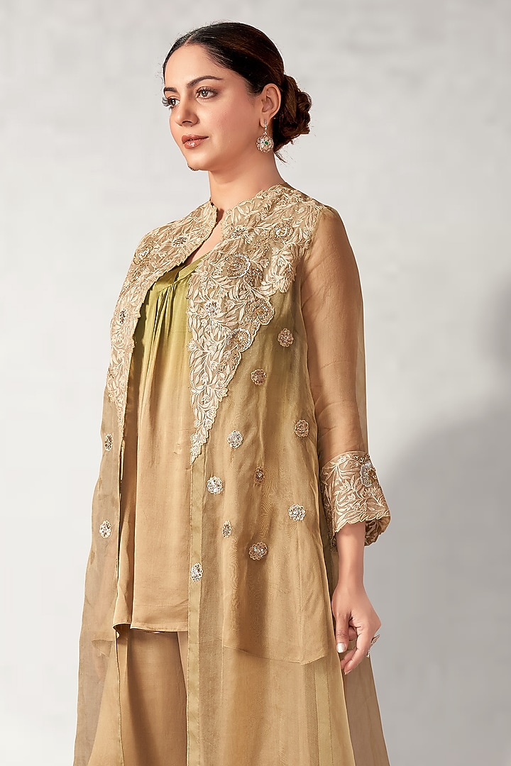 Beige Organza Embroidered Jacket Set by Aditi Somani at Pernia's Pop Up Shop