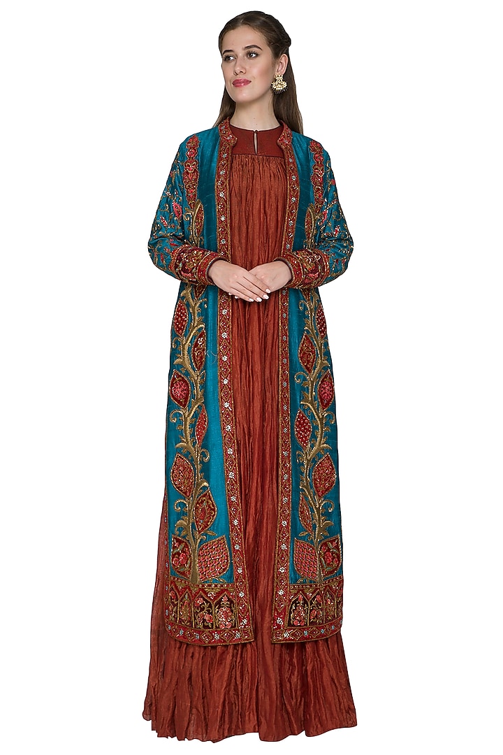 Wine Crushed Anarkali With Firoza Embroidered Jacket by Diva'ni