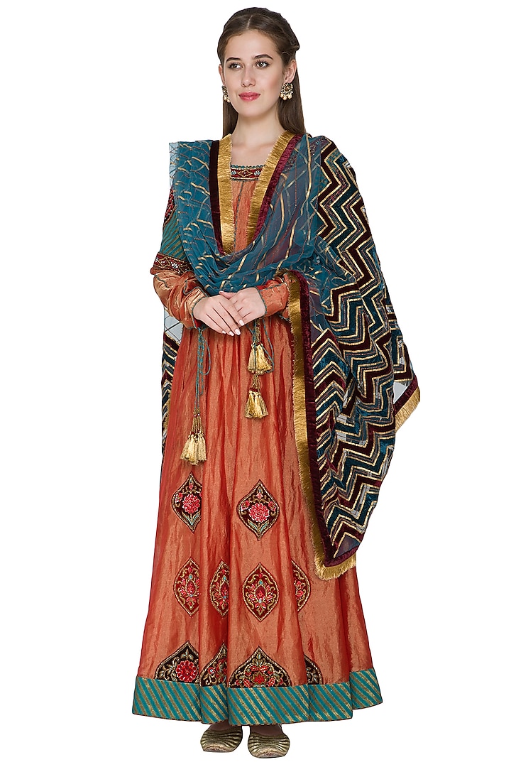 Red Zardosi Embroidered Anarkali With Dupatta by Diva'ni