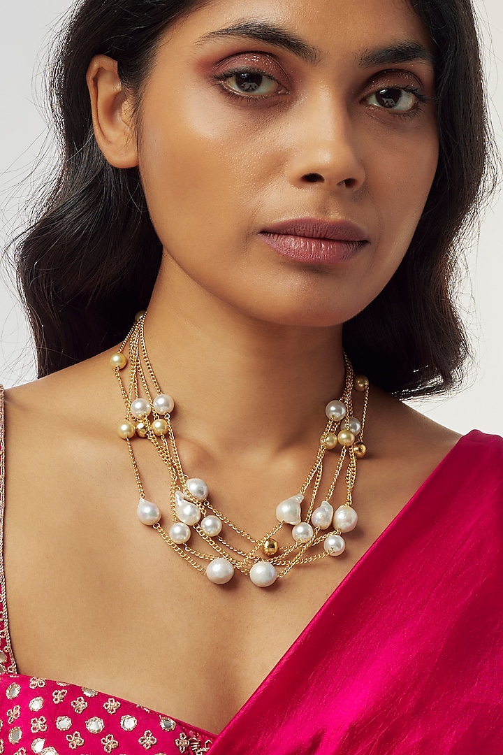 Gold Finish Baroque Pearl Choker Necklace by Divya Chugh at Pernia's Pop Up Shop