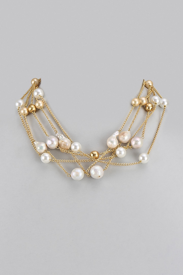 Gold Finish Baroque Pearl Choker Necklace by Divya Chugh at Pernia's Pop Up Shop