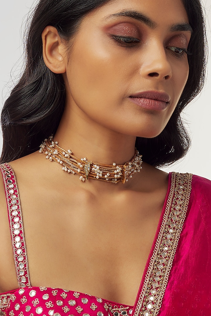 Gold Finish Pearl Choker Necklace by Divya Chugh