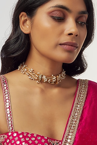 Gold Finish Pearl Choker Necklace by Divya Chugh