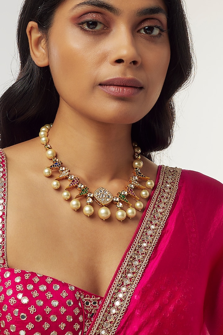 Gold Finish Kundan Polki & Pearl Necklace by Divya Chugh