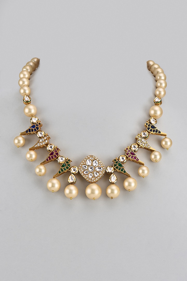 Gold Finish Kundan Polki & Pearl Necklace by Divya Chugh at Pernia's Pop Up Shop
