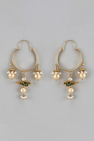 Gold Finish Kundan Polki & Pearl Hoop Earrings by Divya Chugh