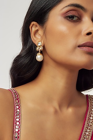 Gold Finish Kundan Polki & Pearl Dangler Earrings by Divya Chugh