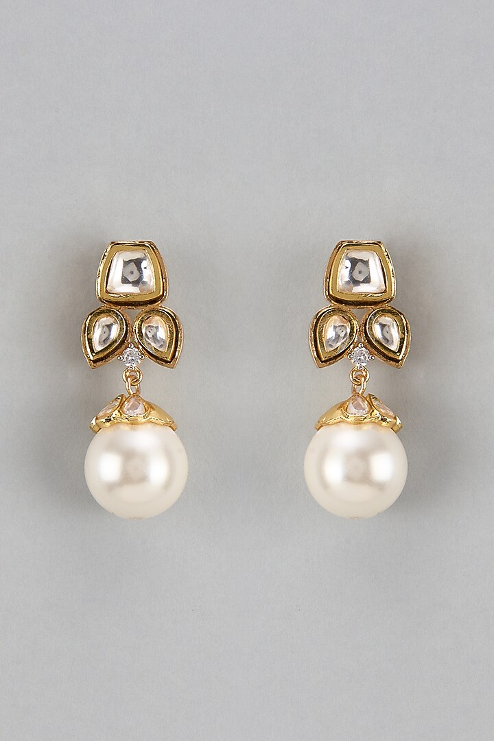 Gold Finish Kundan Polki & Pearl Dangler Earrings by Divya Chugh at Pernia's Pop Up Shop
