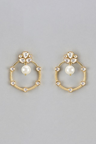 Gold Finish Kundan Polki & Pearl Chandbaali Earrings by Divya Chugh
