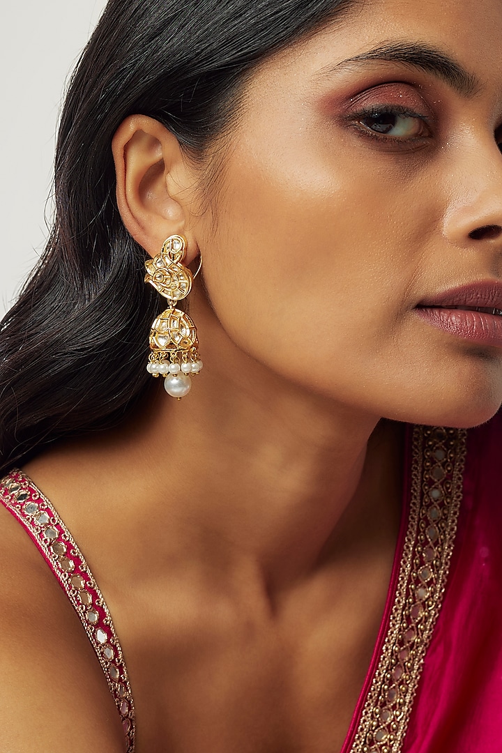 Gold Finish Kundan Polki & Pearl Jhumka Earrings by Divya Chugh