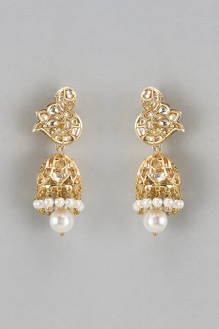Gold Finish Kundan Polki & Pearl Jhumka Earrings by Divya Chugh at Pernia's Pop Up Shop