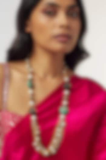 Gold Finish Black Tumble & Pearl Long Necklace by Divya Chugh