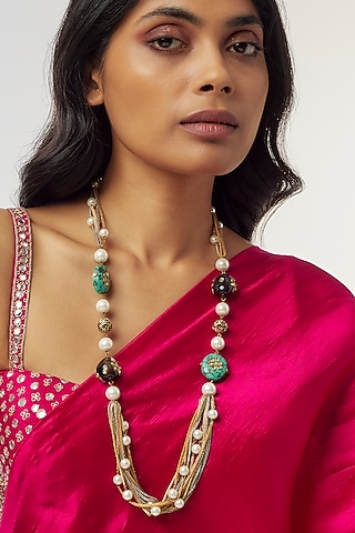 Gold Finish Black Tumble & Pearl Long Necklace by Divya Chugh