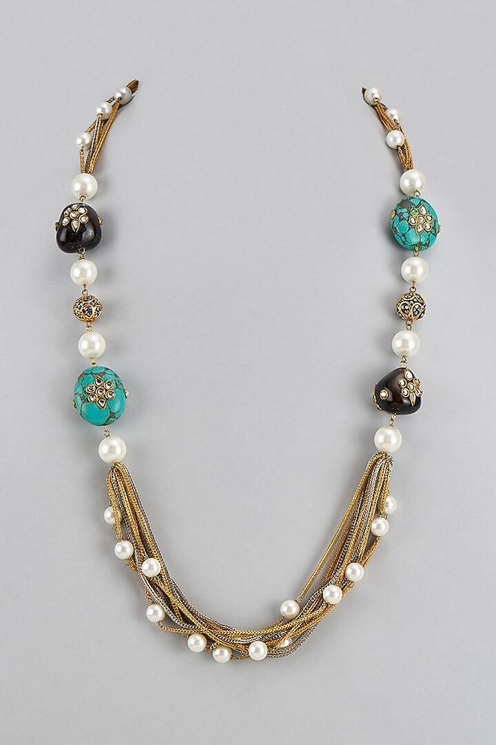 Gold Finish Black Tumble & Pearl Long Necklace by Divya Chugh at Pernia's Pop Up Shop