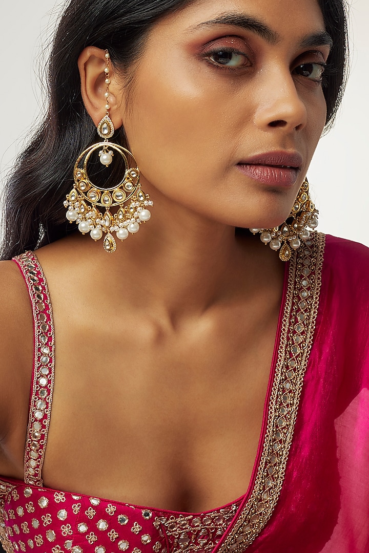 Gold Finish Kundan Polki & Pearl Chandbaali Earrings by Divya Chugh