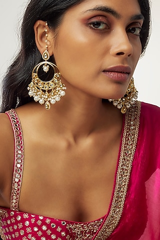 Gold Finish Kundan Polki & Pearl Chandbaali Earrings by Divya Chugh