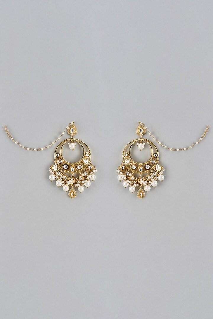 Gold Finish Kundan Polki & Pearl Chandbaali Earrings by Divya Chugh at Pernia's Pop Up Shop