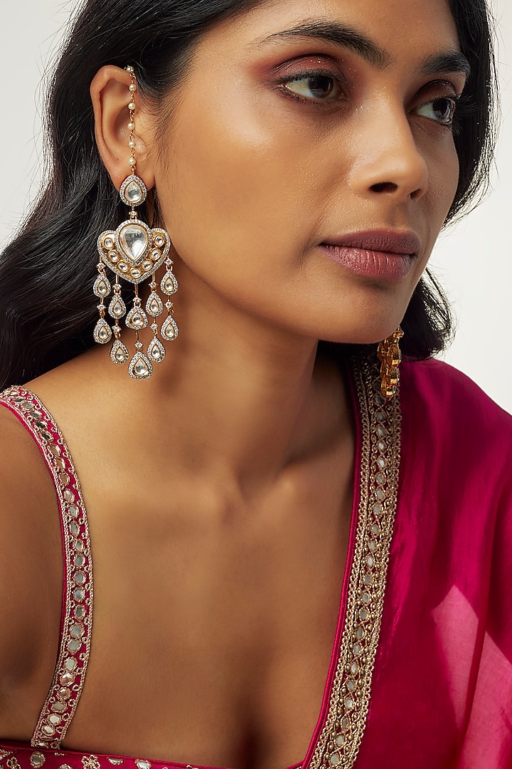 Gold Finish Kundan Polki & Zircon Chandbaali Earrings by Divya Chugh