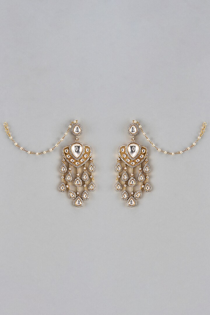 Gold Finish Kundan Polki & Zircon Chandbaali Earrings by Divya Chugh at Pernia's Pop Up Shop