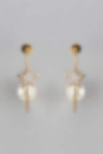 Gold Finish Zircon & Pearl Dangler Earrings by Divya Chugh