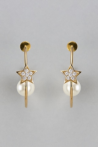 Gold Finish Zircon & Pearl Dangler Earrings by Divya Chugh