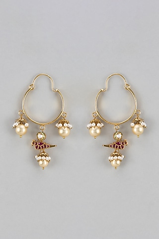 Gold Finish Kundan Polki & Pearl Hoop Earrings by Divya Chugh